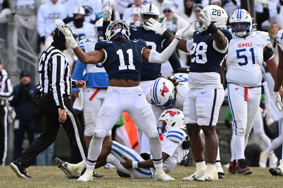Penn State defensive end Abdul Carter (11) celebrates after sacking SMU quarterback Kevin...