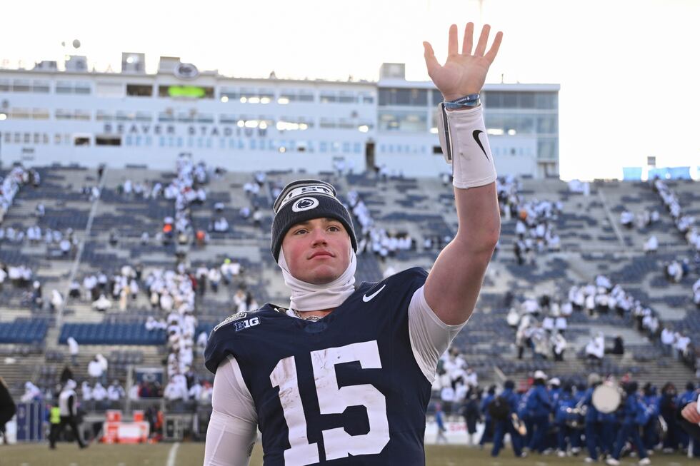 Penn State quarterback Drew Allar waves after a victory over SMU during the first round of the...