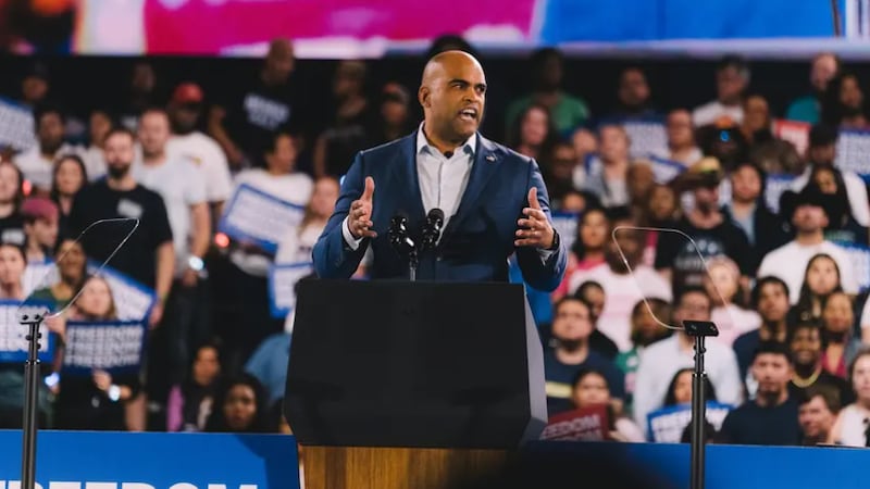 Then-U.S. Rep. Colin Allred, D-Dallas, at a Kamala Harris campaign rally at the Shell Energy...
