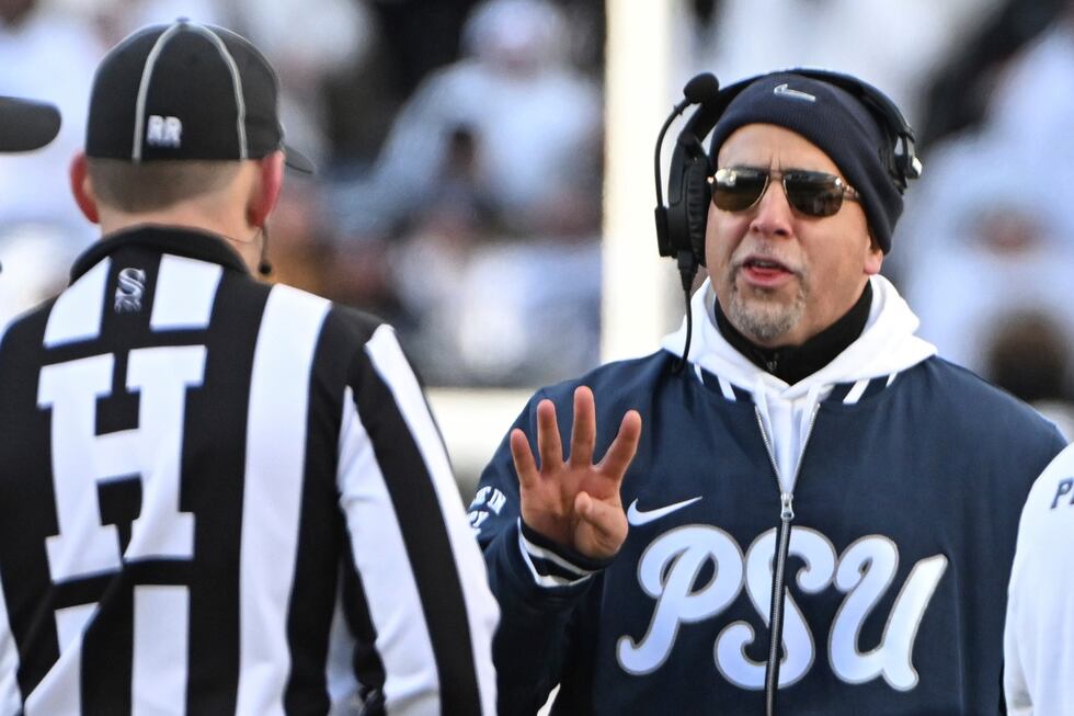 Penn State head coach James Franklin talks with an official during the second half against SMU...