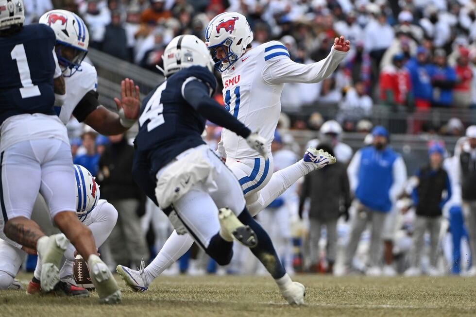 SMU place kicker Collin Rogers (41) kicks a field goal against Penn State during the second...