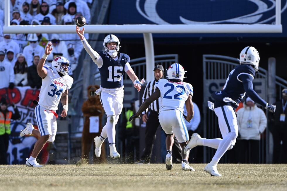 Penn State quarterback Drew Allar throws a pass to wide receiver Harrison Wallace III as SMU...